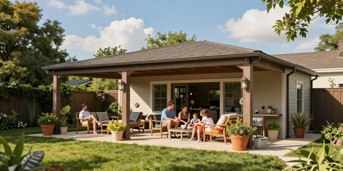 Freistehende Terrassenüberdachung im Garten mit Familie an einem sonnigen Tag.
