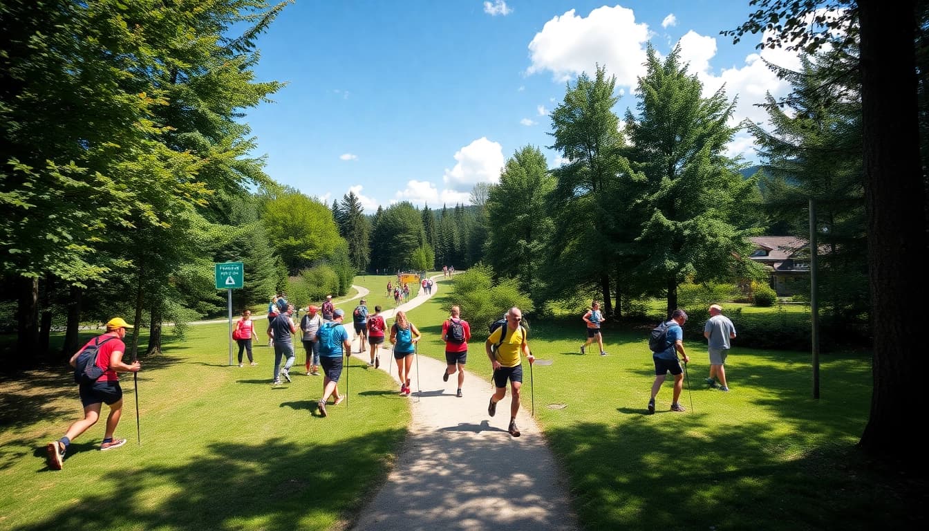 Orientierungsläufer beim Wetziker OL Challenge, der durch einen malerischen Park navigiert und Teamgeist zeigt.