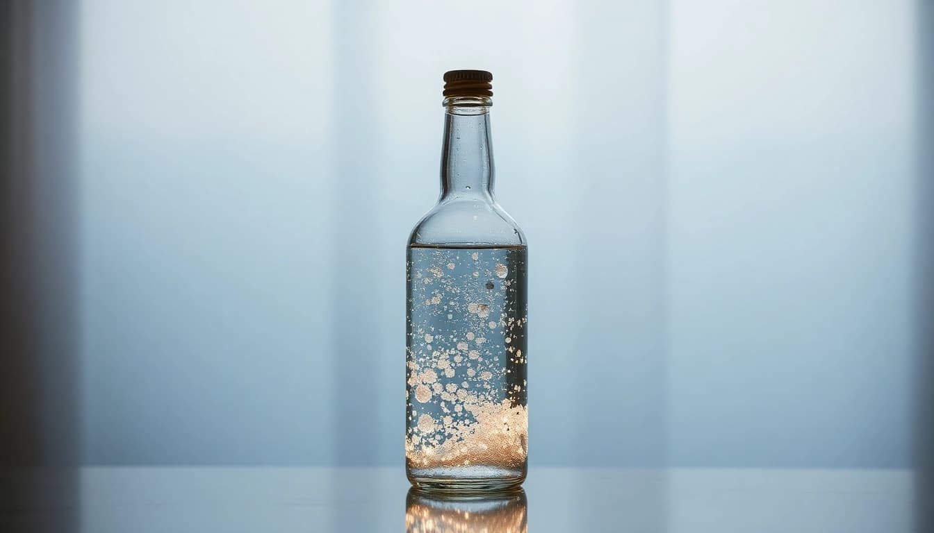 Flasche mit Kolloidalem Silber 75 ppm auf einem eleganten Hintergrund, die hochgradige Reinheit und Qualität hervorhebt.