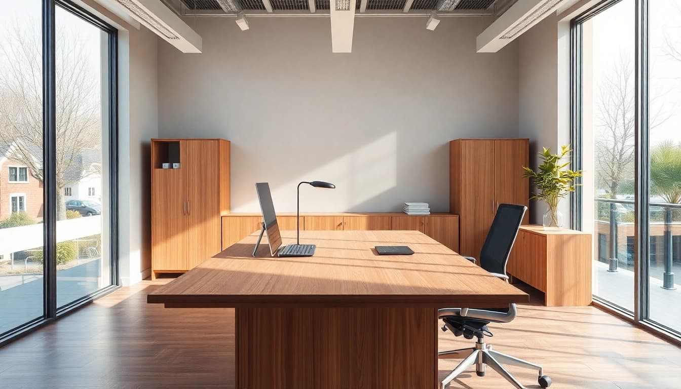 Büromöbel in einem modernen, hellen Büro mit elegantem Schreibtisch und ergonomischem Stuhl.