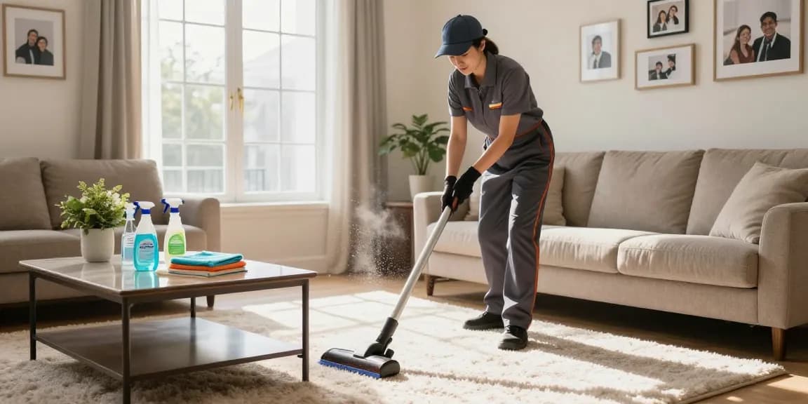 Professional cleaning service performing reinigung offerte in a sunlit residential living room, showcasing a cleaner vacuuming a plush carpet.