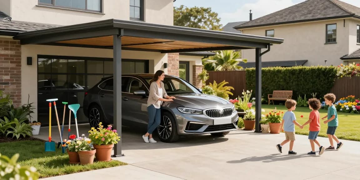 Moderne Carport-Lösung für Familienfahrzeug mit blühendem Garten im Hintergrund.