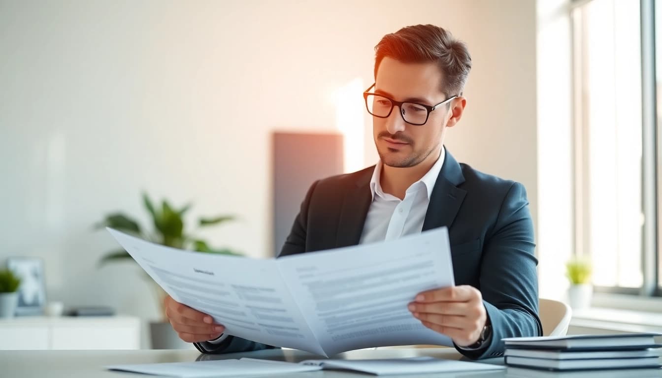 Analyze Inkasso debt collection processes with financial documents in a well-lit office.