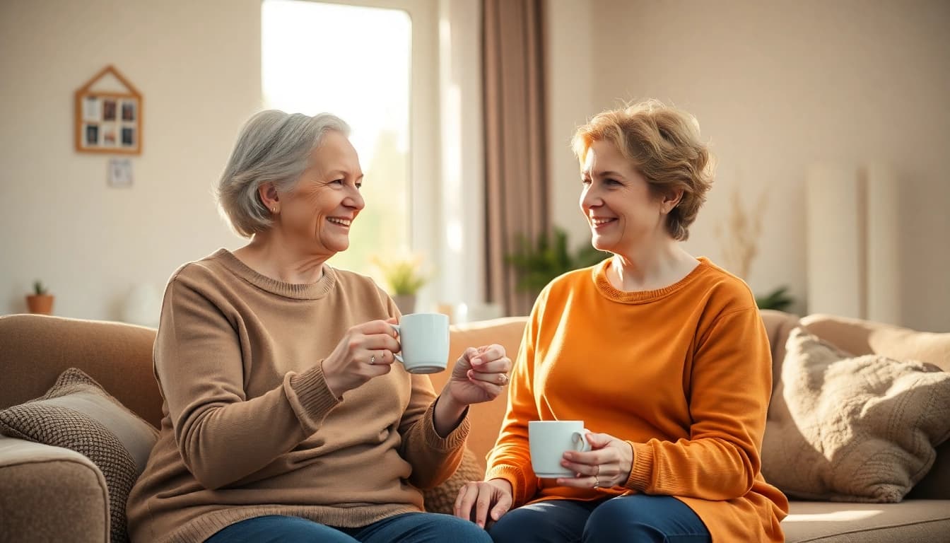 Pflegedienst unterstützt ältere Menschen in einem gemütlichen Wohnzimmer mit Pflegekraft und Tasse Tee.