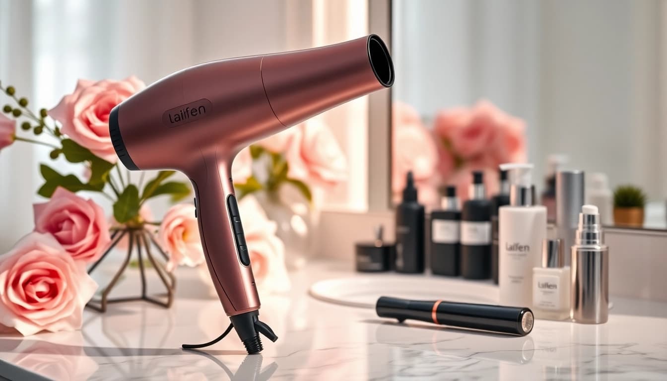 Die laifen swift Haartrockner präsentiert sich stilvoll auf einem eleganten Frisiertisch.