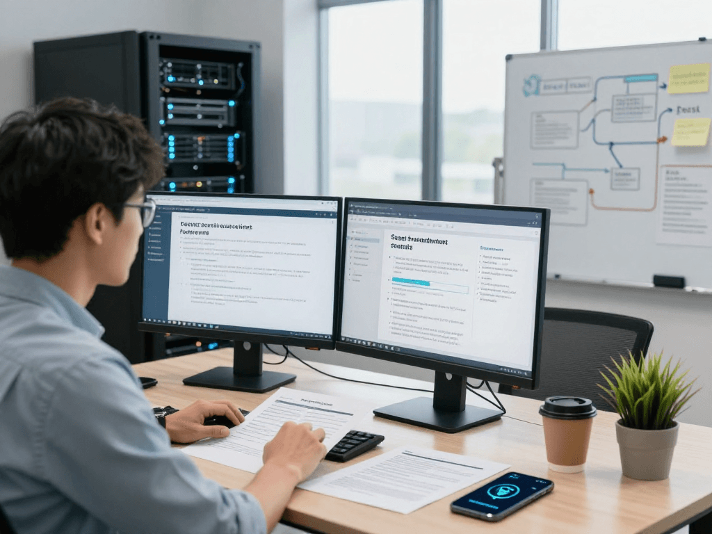 Daten- und IT-Sicherheit Dienstleistung in einem modernen Büro, IT-Sicherheitsberater überprüft Sicherheitsprotokolle.