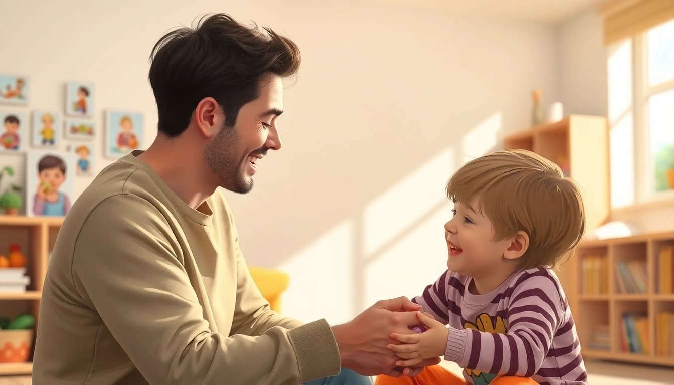 Kindererziehung: Ein Elternteil spielt liebevoll mit seinem Kind in einer warmen, einladenden Umgebung.