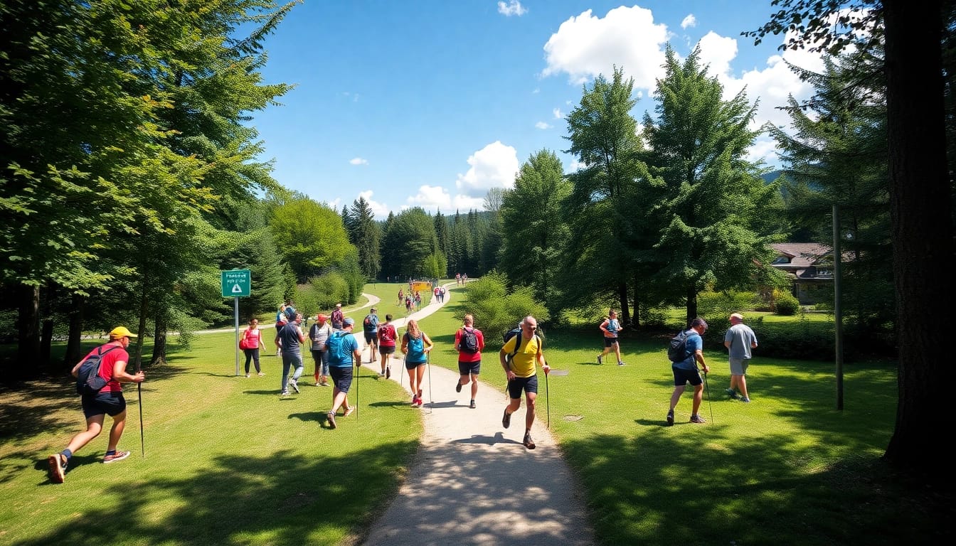 Orientierungsläufer beim Wetziker OL Challenge, der durch einen malerischen Park navigiert und Teamgeist zeigt.