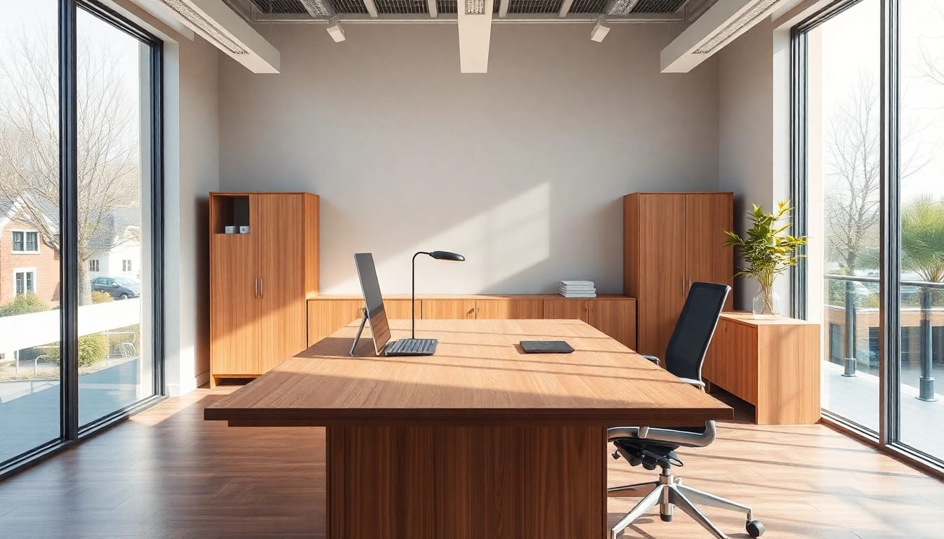 Büromöbel in einem modernen, hellen Büro mit elegantem Schreibtisch und ergonomischem Stuhl.