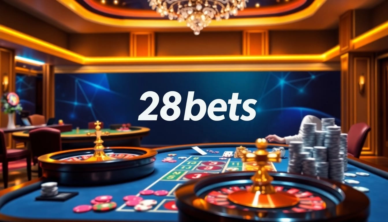 Exciting game action at 28bets casino with vibrant bets and poker tables.
