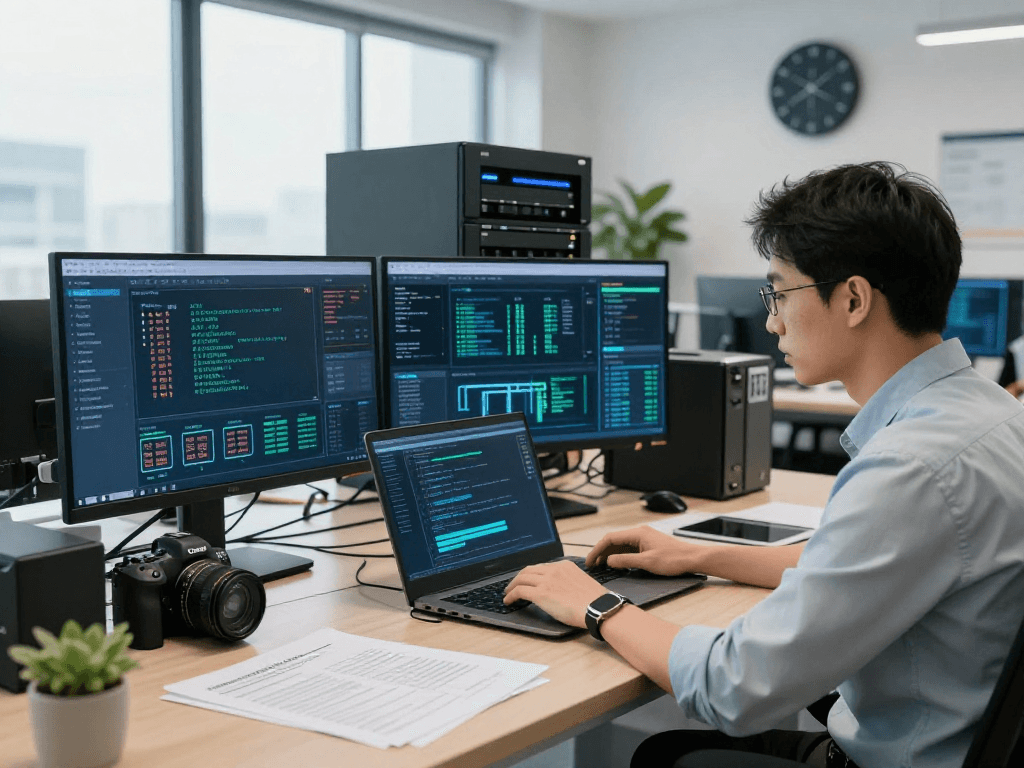 Daten- und IT-Sicherheit Dienstleistung focus on cybersecurity expert analyzing data protection protocols in a modern office.