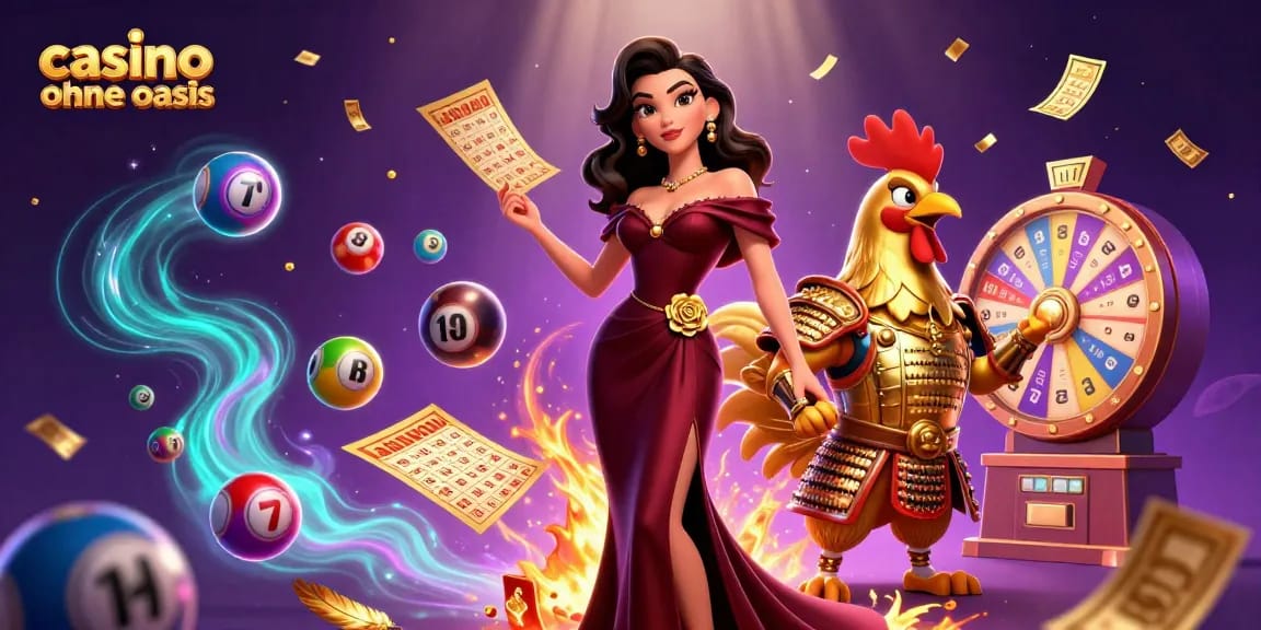 Win exciting rewards in a vibrant casino ohne oasis atmosphere with lottery balls and golden tickets.