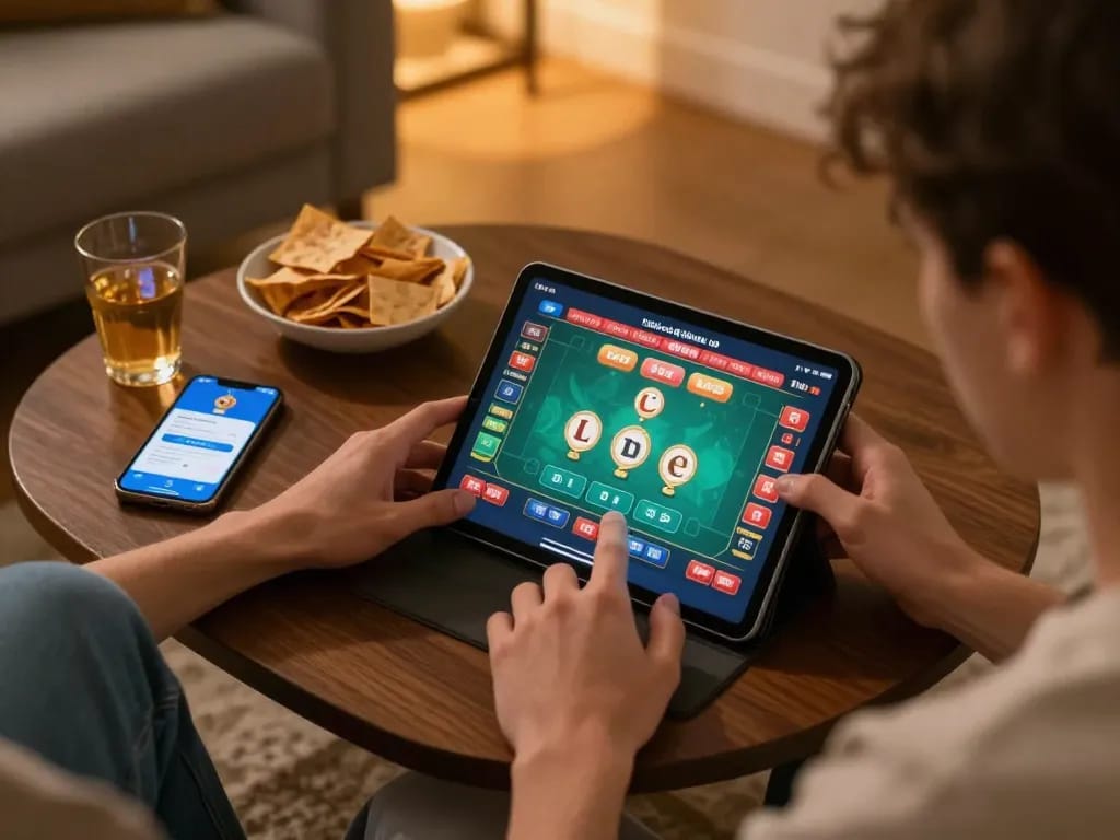 Engaging in lô đề online gaming strategy during a cozy home evening session.