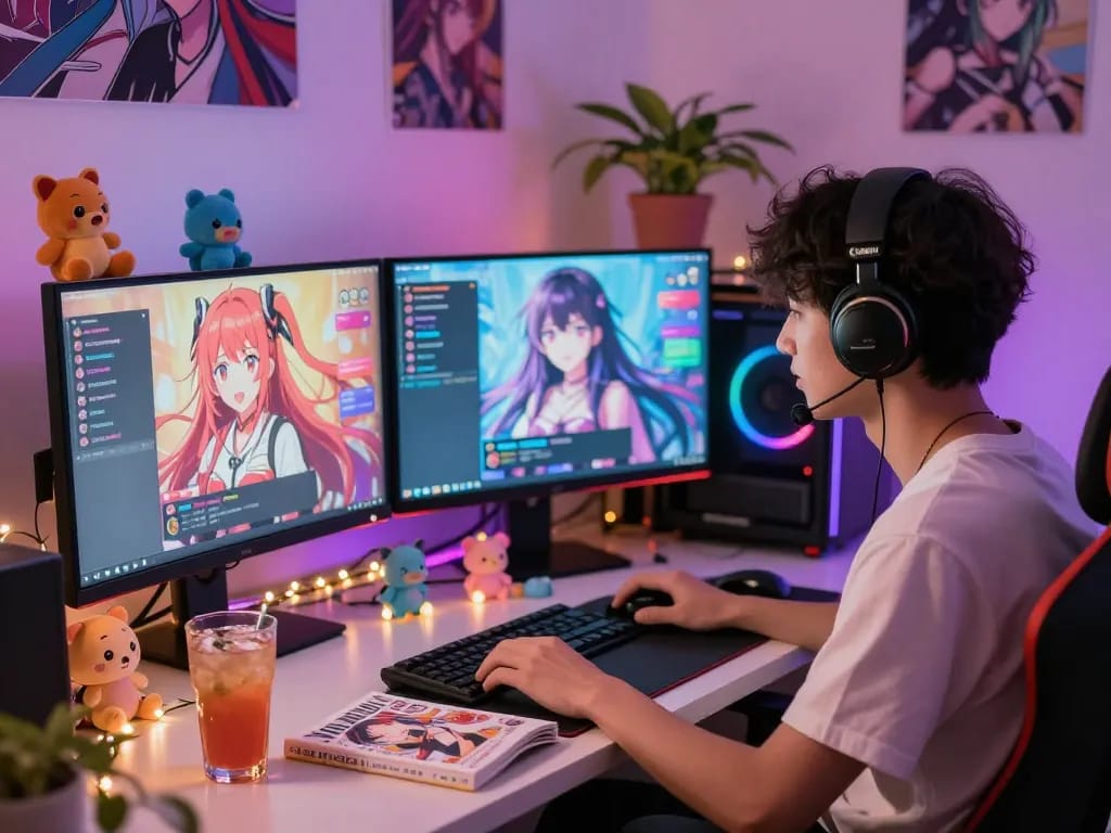 Engaging in lively hentai ai chat at a cozy gaming setup with vibrant decor.