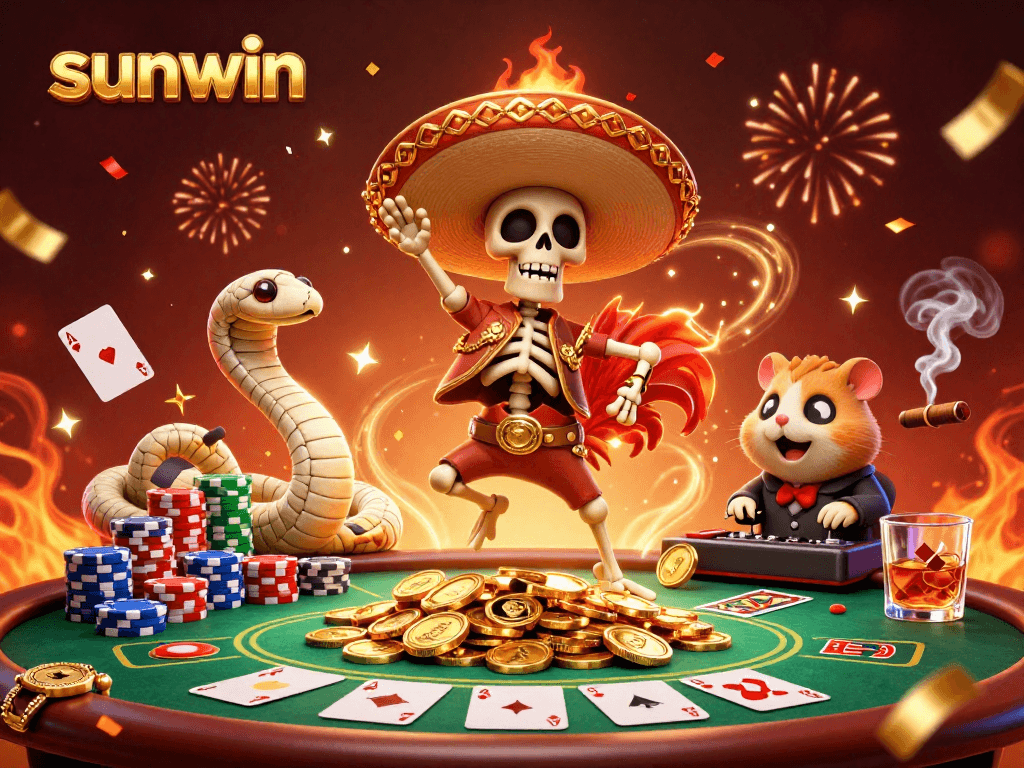 Experience sunwin's thrilling casino world with a festive dance among vibrant poker elements.