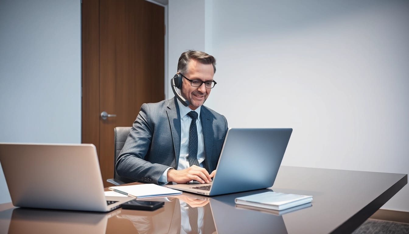 Headhunter spricht professionell am Telefon in einem modern eingerichteten Büro.