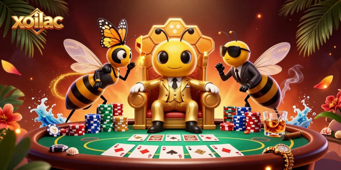 Xoilac offers a vibrant online casino experience with an engaging cartoon scene highlighting gambling elements.