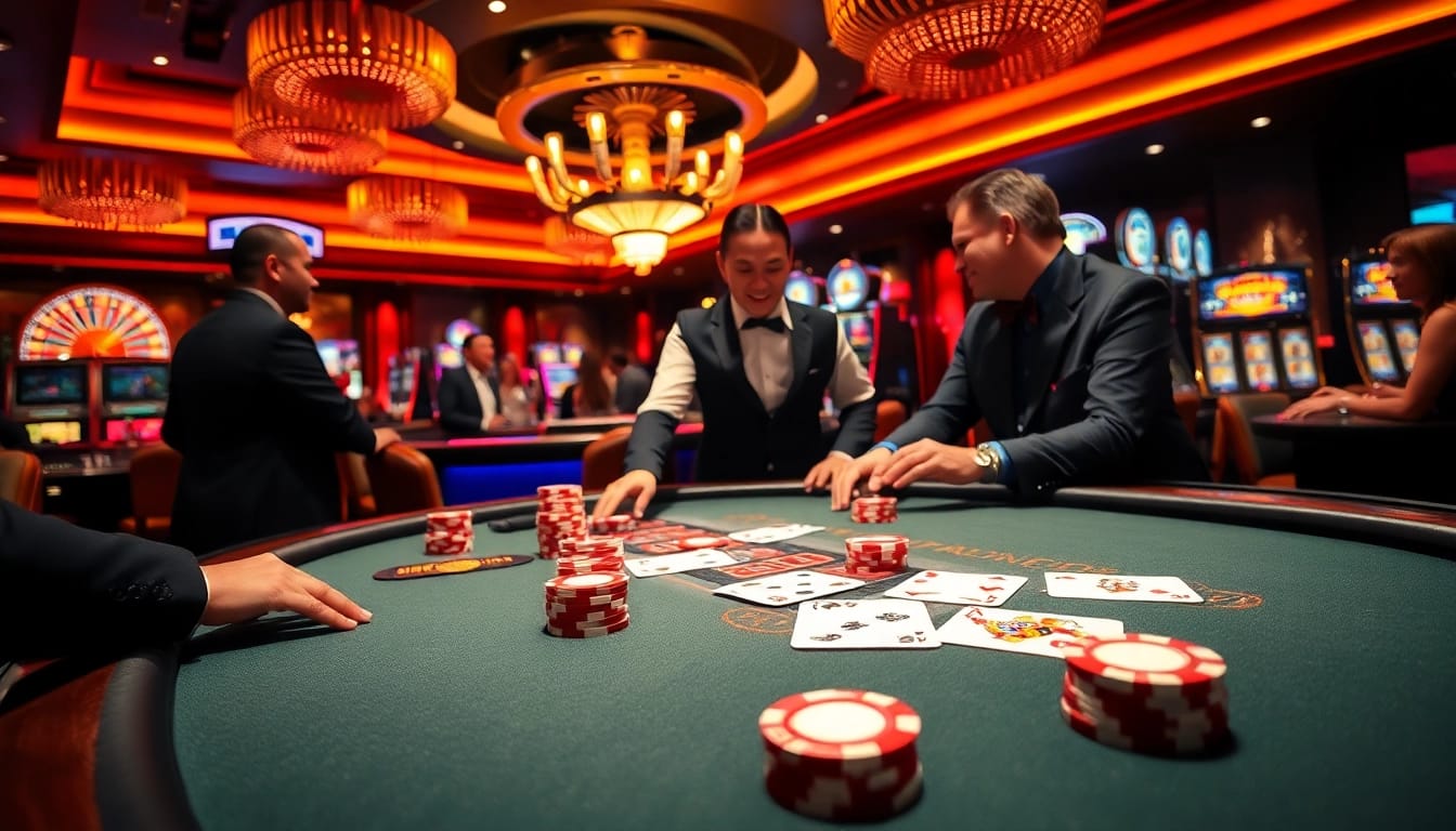 SODO66 poker game in a luxurious casino setting with players, cards, and chips.