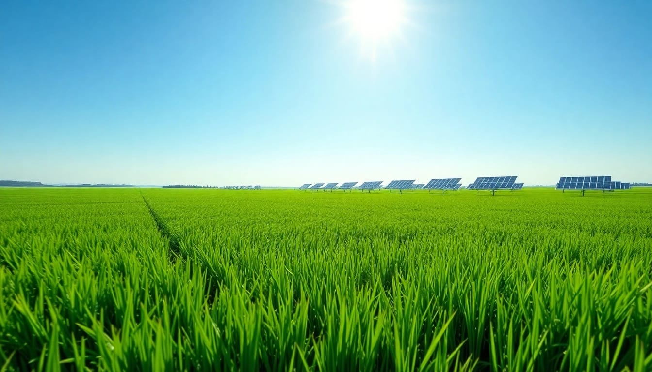 Freifläche verpachten für Solarparks: Bild einer weiten, sonnigen Wiese mit Solar-Panels im Hintergrund.