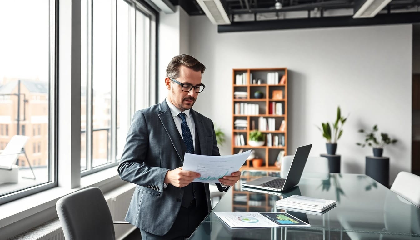 Headhunter Köln berät in stilvollem Büro mit Unterlagen und Laptop.