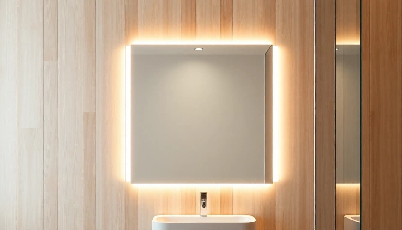 Stellen Sie den eleganten Spiegelschrank mit LED-Beleuchtung im modernen Badezimmer dar, das harmonisch in die stilvolle Umgebung integriert ist.