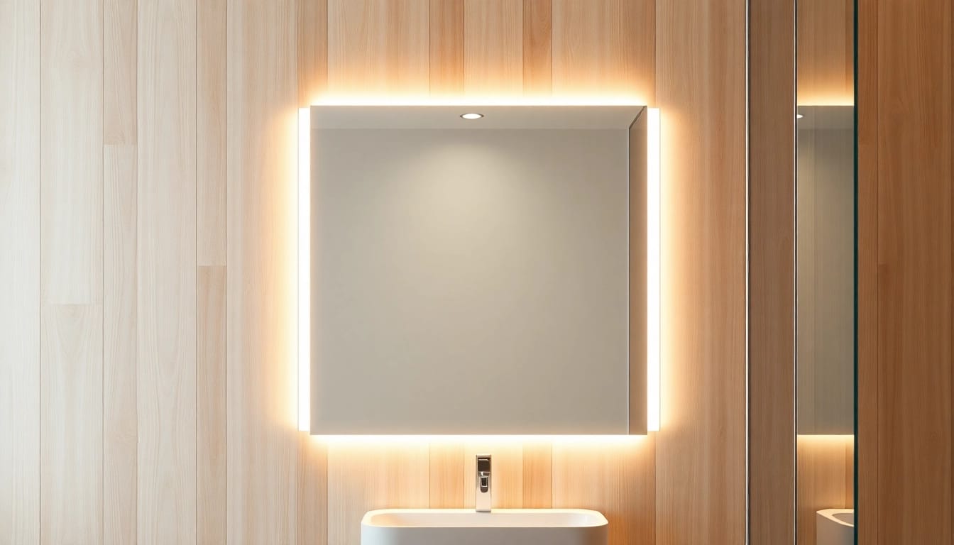 Stellen Sie den eleganten Spiegelschrank mit LED-Beleuchtung im modernen Badezimmer dar, das harmonisch in die stilvolle Umgebung integriert ist.
