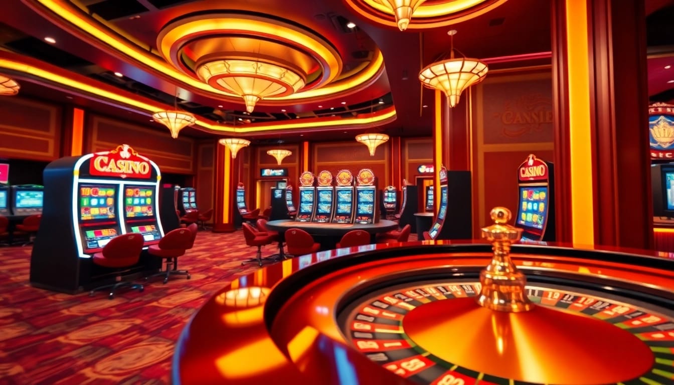 Experience thrilling casino online schweiz action with vibrant roulette table and slot machines.