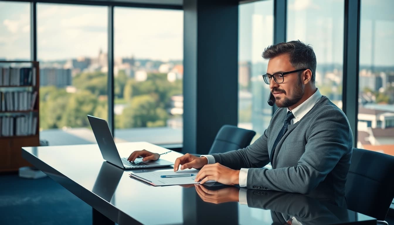 Headhunter Mühlheim bei der Arbeit in einem modernen Büro, mit einem Laptop und Notizen, während er mit einem Kandidaten telefoniert.