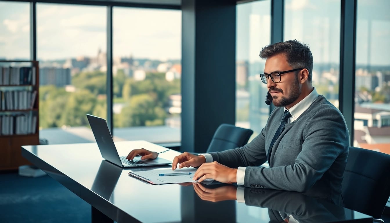 Headhunter Mühlheim bei der Arbeit in einem modernen Büro, mit einem Laptop und Notizen, während er mit einem Kandidaten telefoniert.
