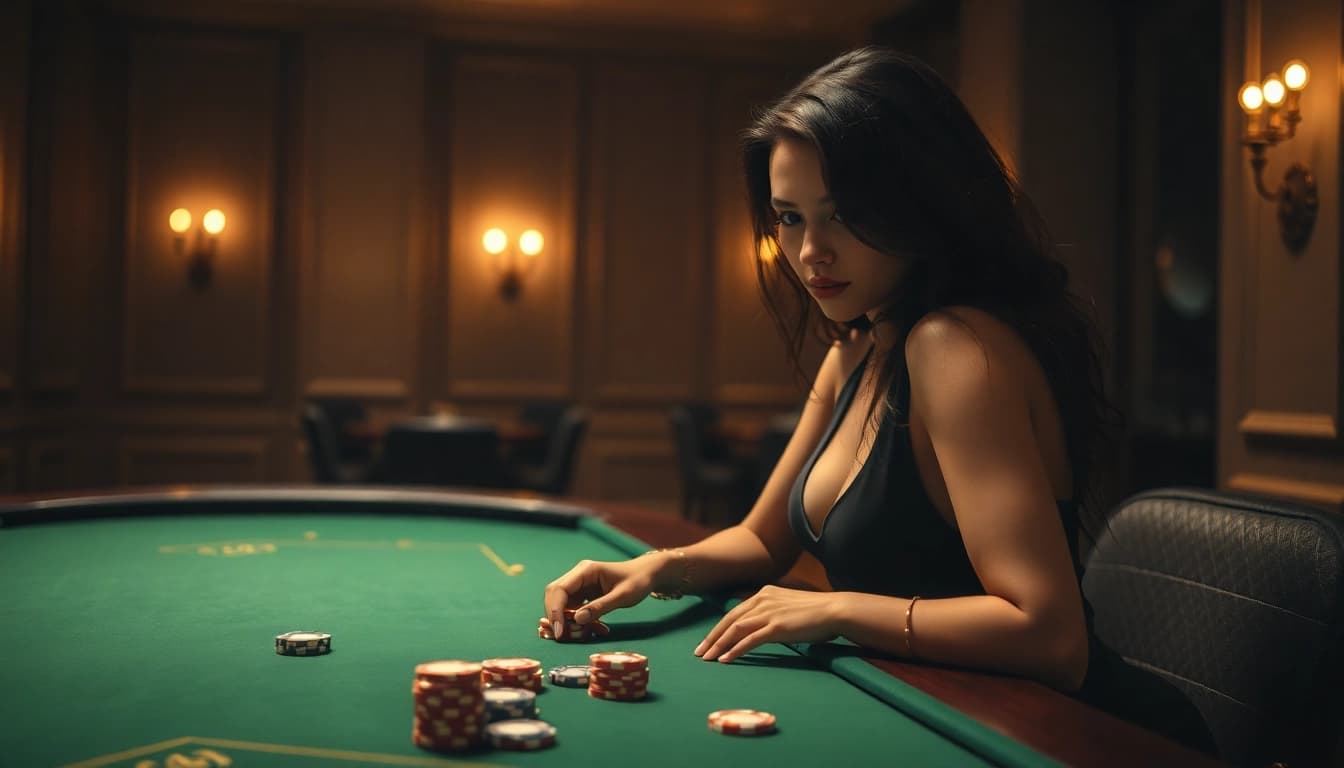Spielen im online casino ohne anmeldung an einem eleganten Tisch mit grünem Samt und Chips in entspannter Atmosphäre.