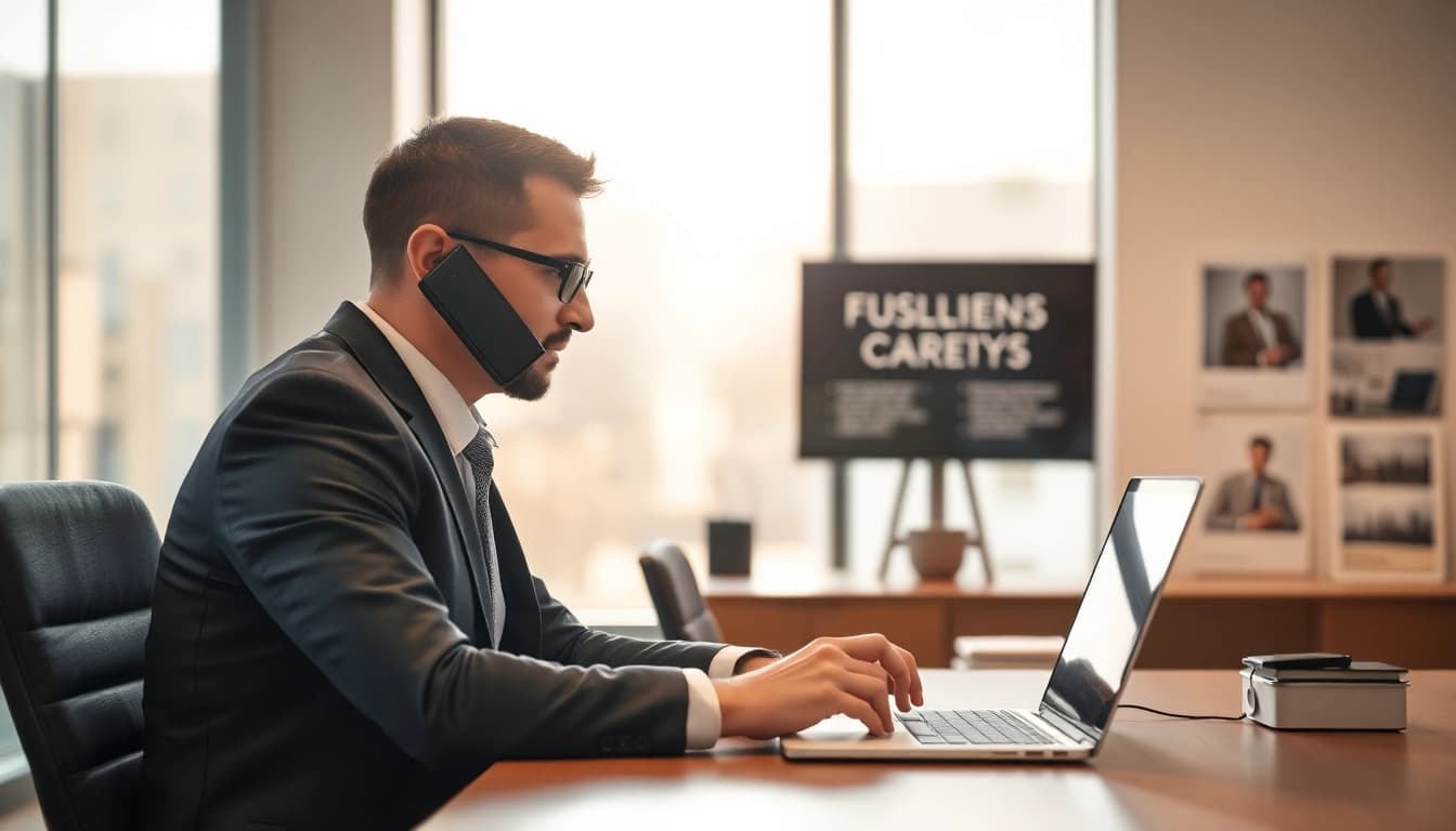Headhunter München bei der Arbeit in einem modernen Büro, telefonierend und notierend.