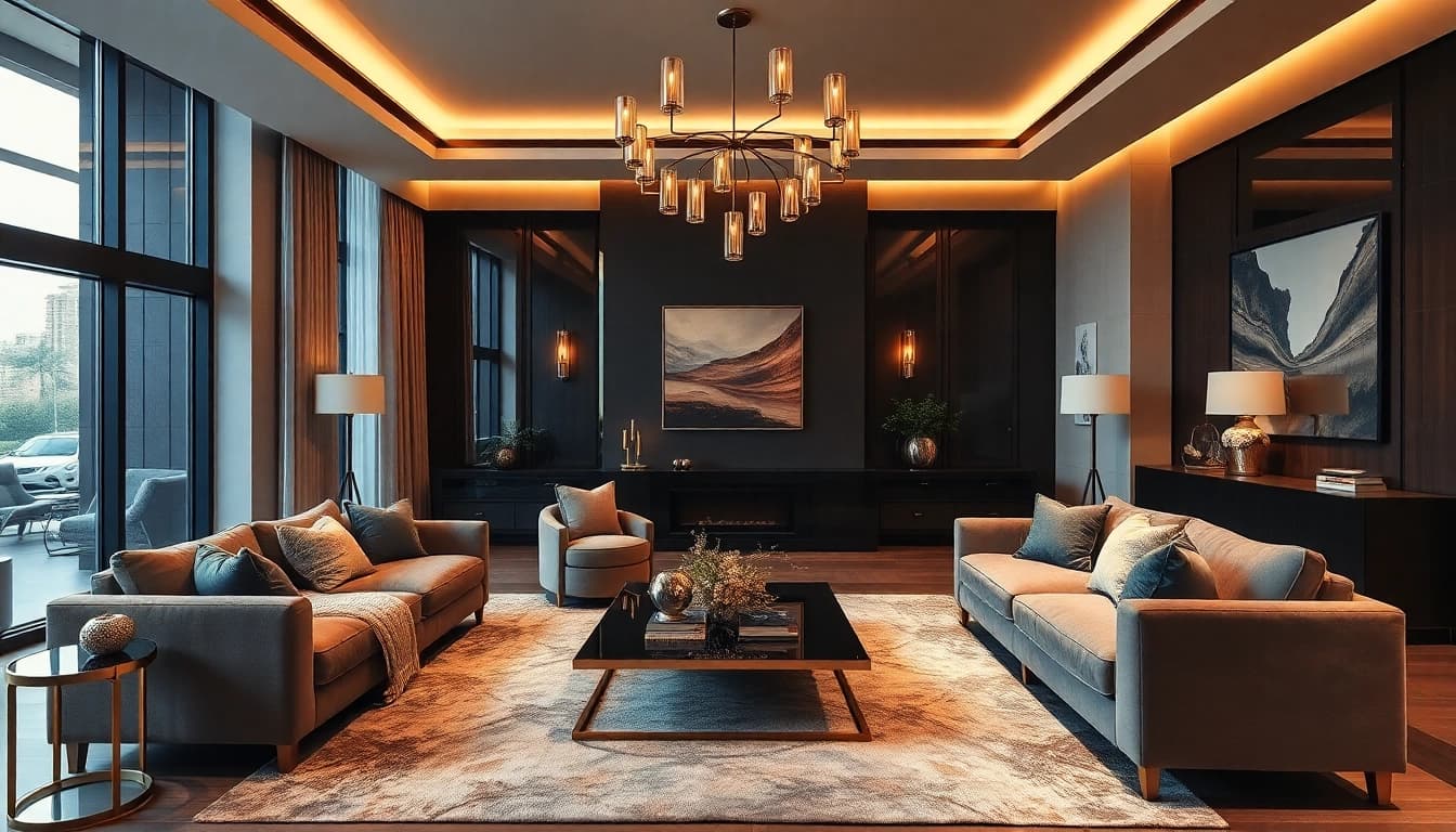 Luxury modern living room featuring elegant decor and warm lighting for a cozy ambiance.