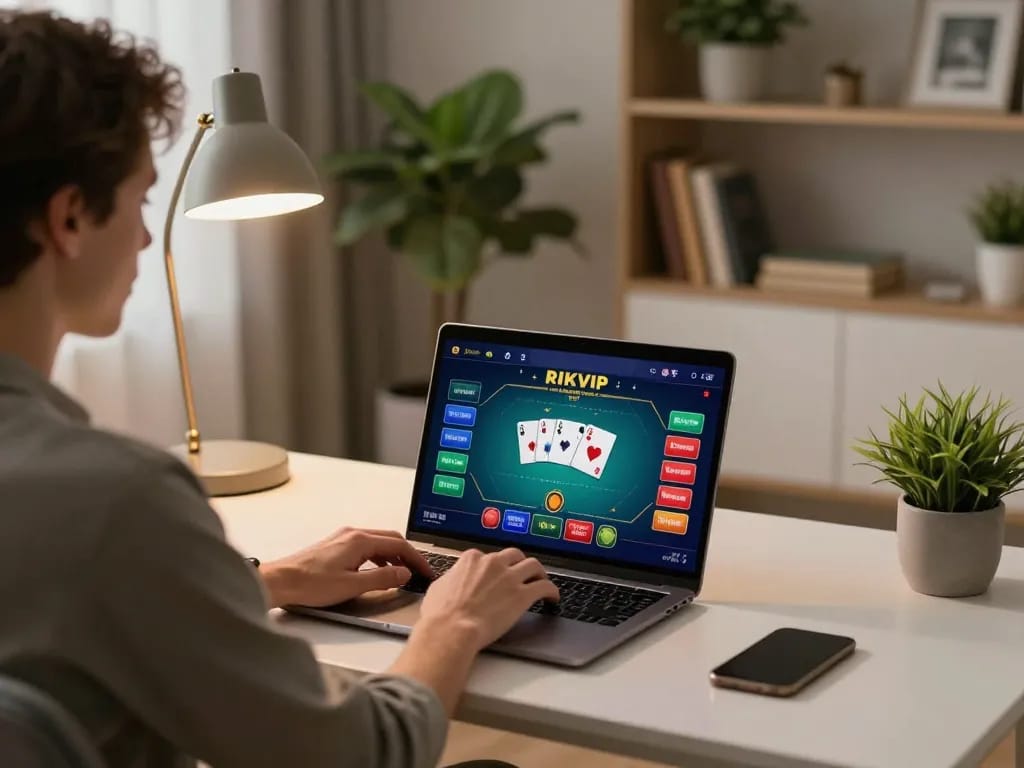 RIKVIP online gaming experience showcased on a cozy home desk with strategic poker action