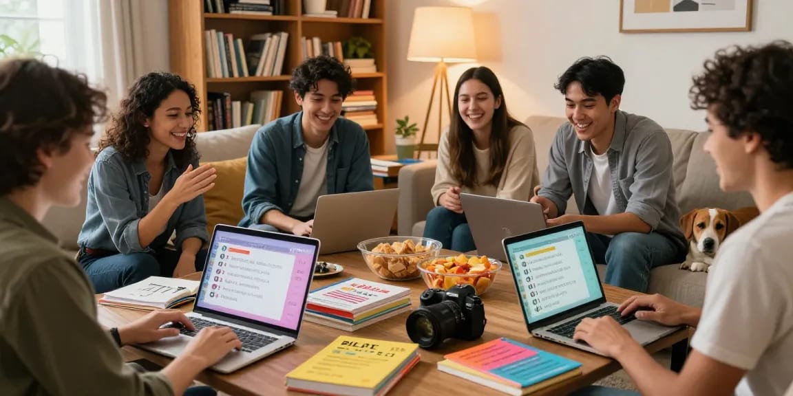 Freunde testen ihr Quiz Allgemeinwissen in einem gemütlichen Wohnzimmer mit Laptops und Snacks.