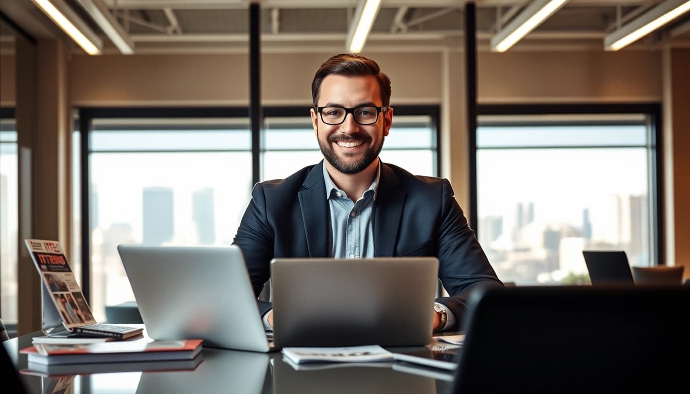 Headhunter IT, der an einem Laptop in einem modernen Büro arbeitet und dabei IT-Trends analysiert.