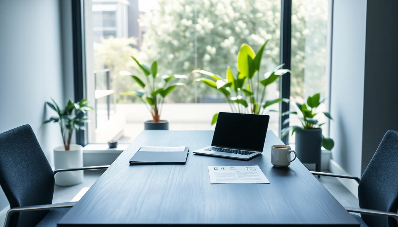 Professioneller Arbeitsplatz für Headhunter Düsseldorf mit Laptop und Bewerbungsunterlagen schafft eine einladende Atmosphäre.
