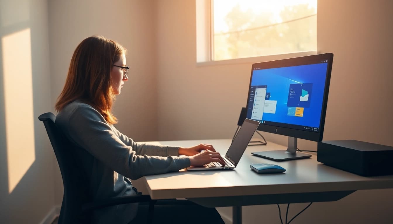 Kaufe Office 2024 Professional Plus günstig mit einem modernen und einladenden Arbeitsumfeld im Hintergrund.