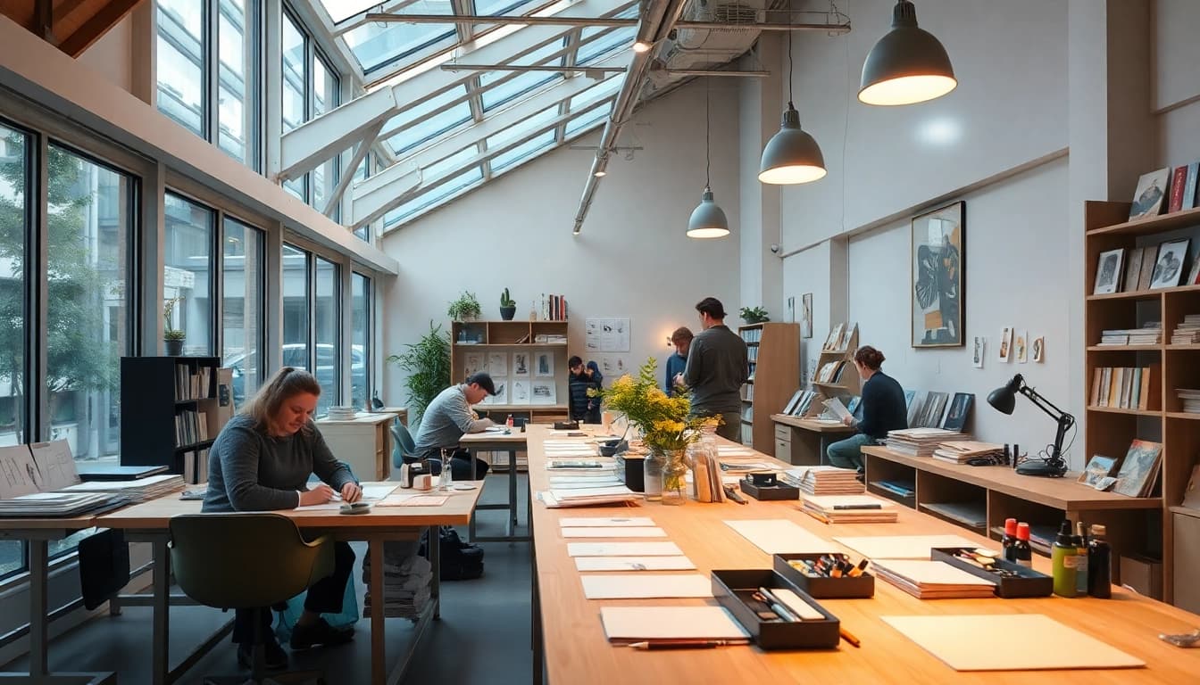 Kartengestalten Zürich: Kreative Karte designt an einem hellen Atelierplatz mit Kunstmaterialien.