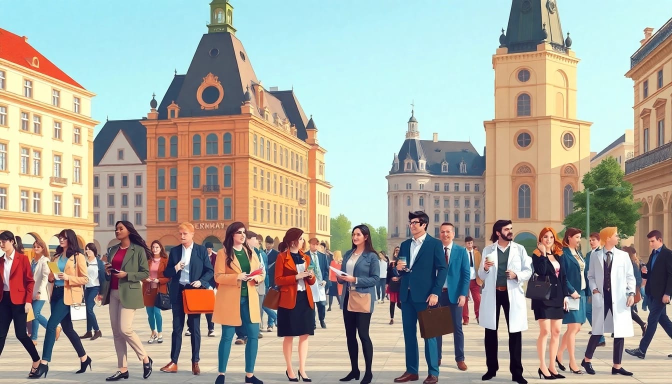 Visualize the average salary in Germany through diverse professionals engaged in their careers in a vibrant city.