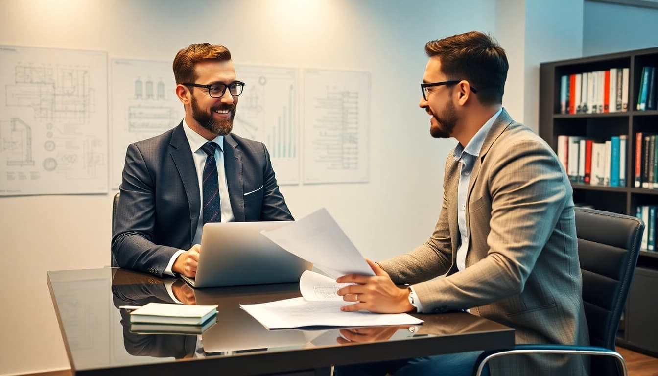Headhunter Ingenieure interviewen Bewerber in einem modernen Büro mit technischer Ausstattung.
