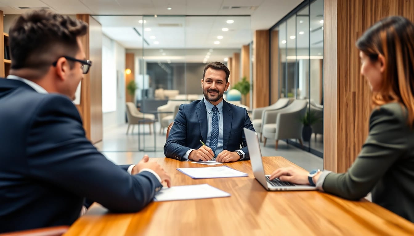 Headhunter Geschäftsführer berät professionell einen Klienten in einem modernen Bürosetting.