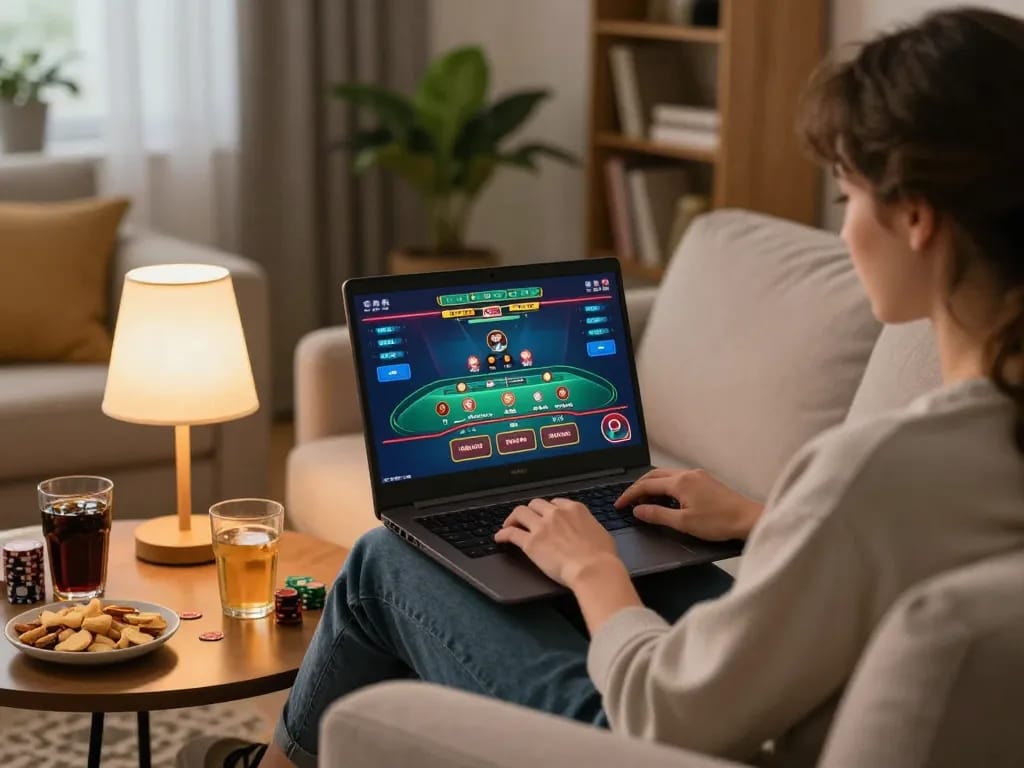 Engaging in online casino gameplay at home with bj88bj, showcasing a warm and inviting gaming environment.