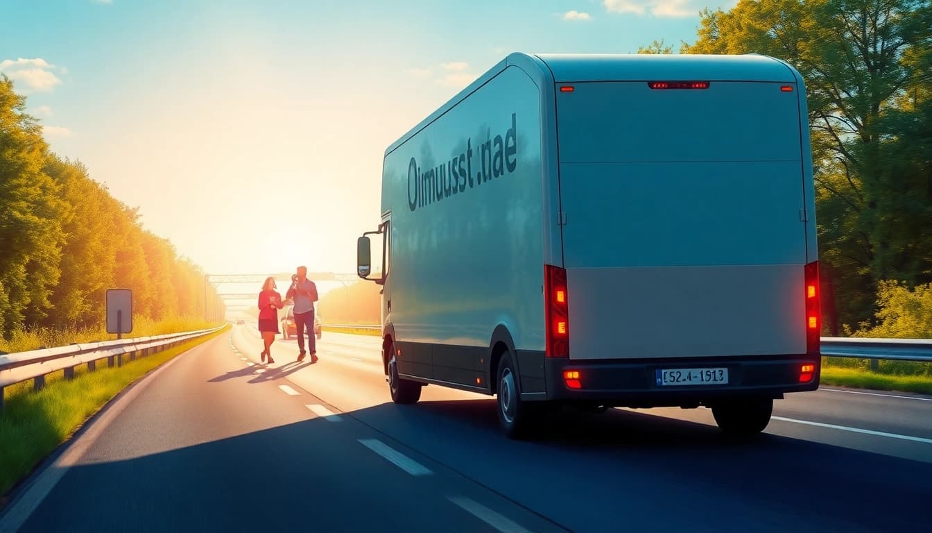 Familie transportiert Möbel und Umzugskartons mit Beiladung München Berlin auf Autobahn.