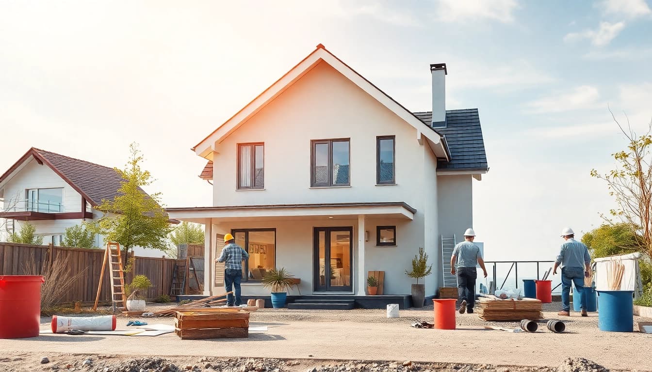 Hausrenovierung in Aktion: Handwerker verbessern aktiv das Außenfassung eines Hauses mit modernen Baustellenmaterialien.