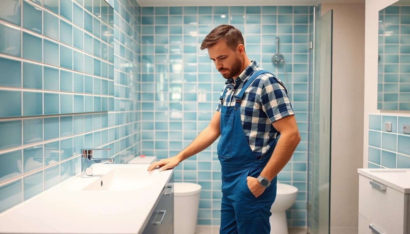 Installateur Notdienst: Fachmann repariert ein Wasserleck in einem modernen Badezimmer.