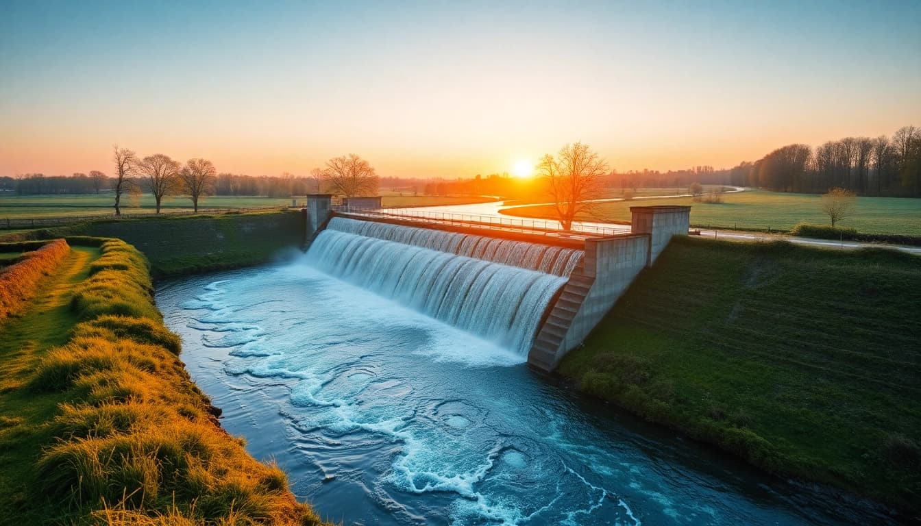 Hochwasserschutzsystem schützt eine ländliche Umgebung vor Überflutung.
