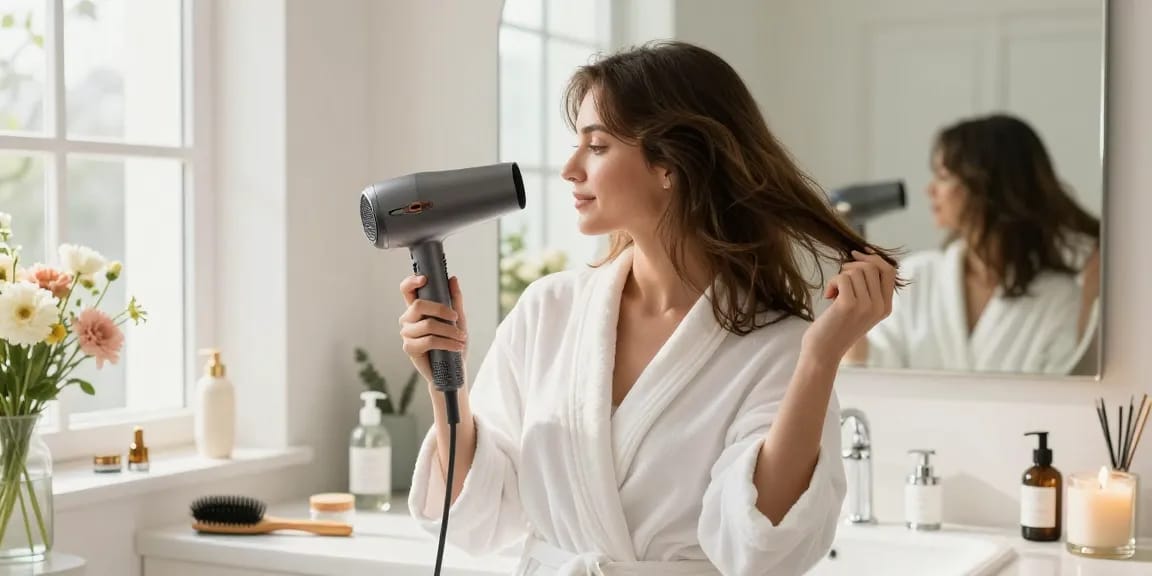 Using a compact hair dryer in a stylish bathroom for beautiful hair styling.