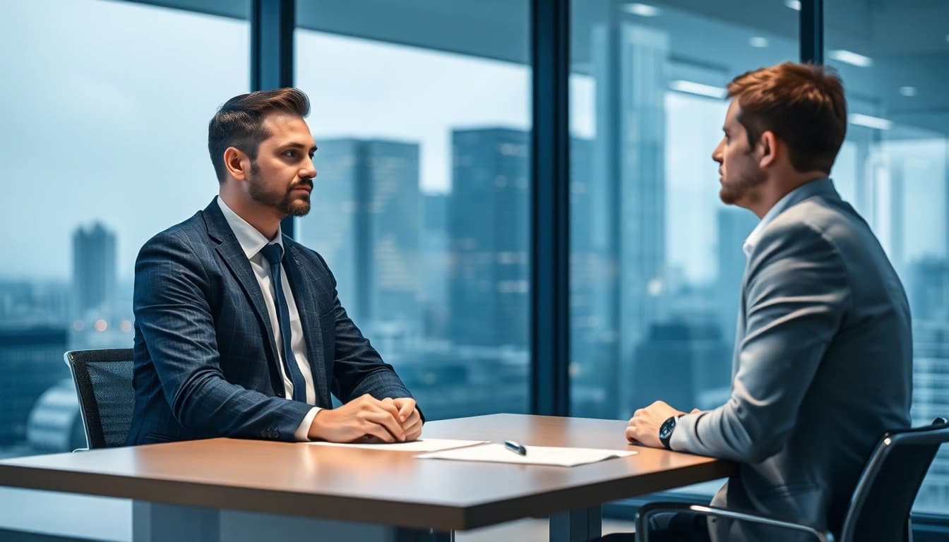 Headhunter Essen führt ein professionelles Gespräch mit einem Klienten in einem modernen Büro.