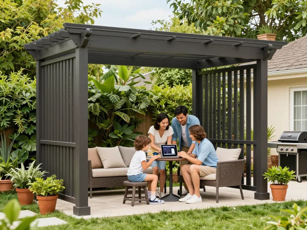 Familie, die einen Pergola-Konfigurator in ihrem Garten nutzt, um eine moderne Pergola zu gestalten, während sie gemeinsam wertvolle Zeit verbringen.