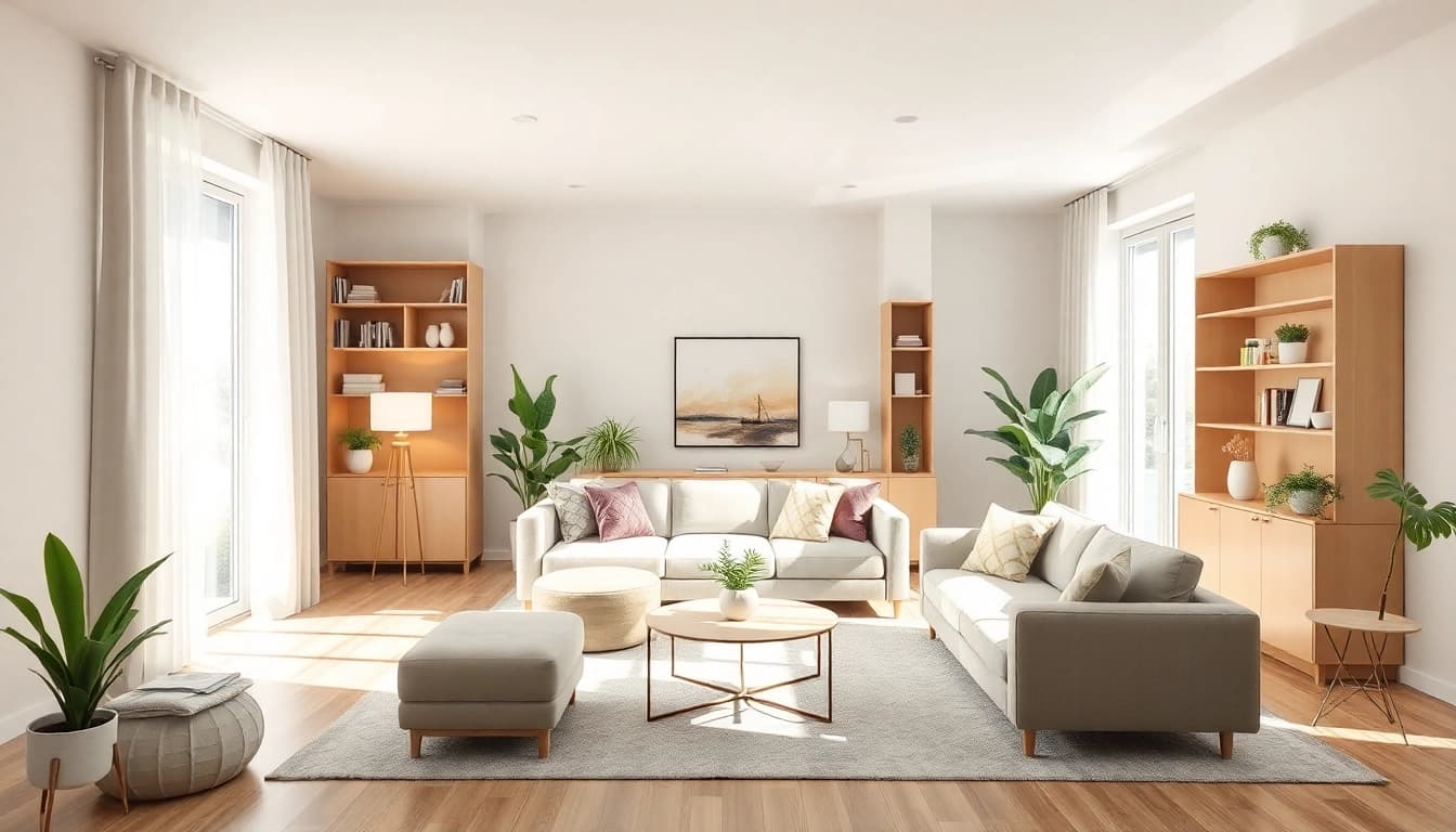 Gestalte einen einladenden Wohnraum mit harmonischer Raumgestaltung und einladendem Licht.